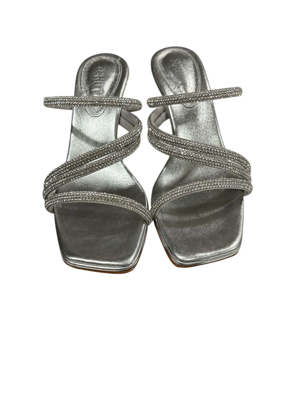 Schutz Giulia Mule Heels – Silver Rhinestone Strappy Sandals – Size 6.5B